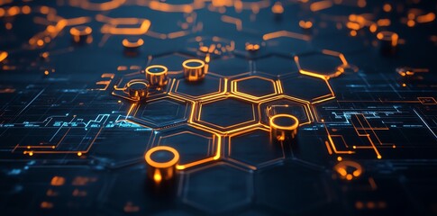Aufkleber - Abstract hexagonal technological background with glowing orange lines and metallic elements.