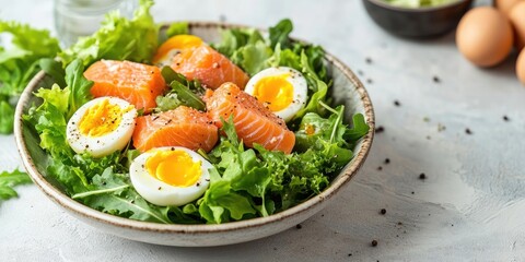Aufkleber - Salmon salad with fresh greens, eggs, and lettuce is a healthy meal option for a diet snack on the table, featuring copy space for a food background.