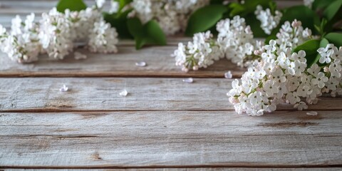Aufkleber - White lilac blossoms on a wooden table. Copy space. Spring backdrop.