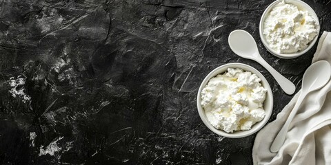 Aufkleber - Dairy items - cottage cheese, yogurt, sour cream - arranged on a black brick surface with white spoons and a linen napkin. Top view, copy space. Wide panoramic image. Copy space.