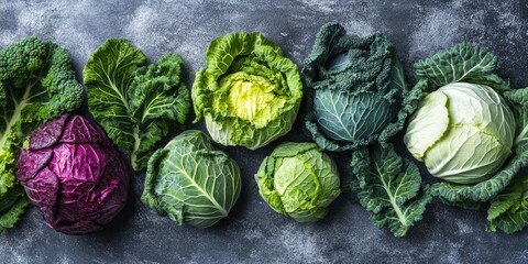 Poster - Flat lay arrangement featuring various cabbages on a grey backdrop.