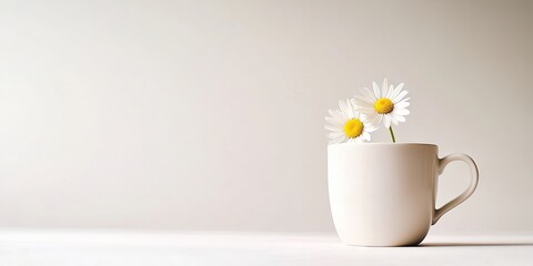 Leinwandbilder - Close-up high key cup and daisy with copyspace on the right.