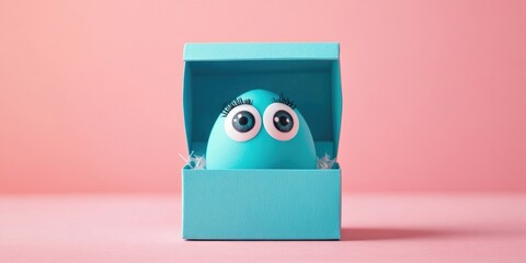 Poster - Egg with eyes isolated in a blue gift box. Creative design for Easter, holidays, and food. Copy space. Pink background.
