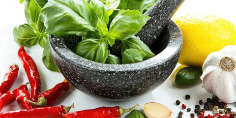 Poster - Fresh garden basil herbs in a mortar with olive oil, garlic, red hot chili peppers, and lemon set against a white background.