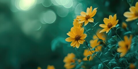 Poster - yellow flowers set against a green bokeh background