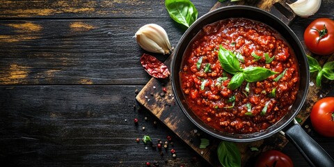 Poster - Traditional Italian Bolognese sauce in a saucepan on an aged dark wooden background. Top view, copy space.