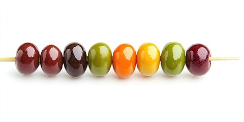 Poster - colorful mix of olives on a wooden stick isolated against a white background