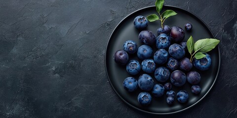 Poster - Top view of fresh, ripe, juicy whole and sliced blue plums on a black plate against a dark gray background. Low-key photography. Close-up. Flat lay arrangement. Copyspace.