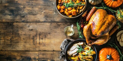 Aufkleber - Thanksgiving Day concept - classic holiday dishes featuring pumpkins on aged wood.