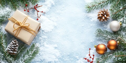 Poster - Christmas frame featuring a gift, tree branches, and wooden ornaments on a snowy backdrop. A straightforward Christmas arrangement with copyspace.