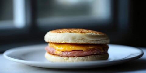Poster - Homemade luncheon meat sandwich on an English muffin.