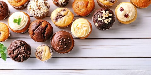 Poster - Delicious muffins on a white wooden table