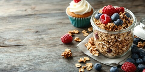 Aufkleber - Delicious muesli in a glass jar on a bowl placed on a wooden table, flat lay, nutritious breakfast, healthy start to the day, breakfast paired with a cupcake.
