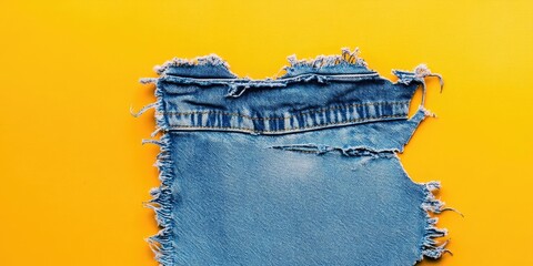 Aufkleber - Ripped denim patches and destroyed, torn blue jeans on a yellow background. Ripped, destroyed, torn denim frame.