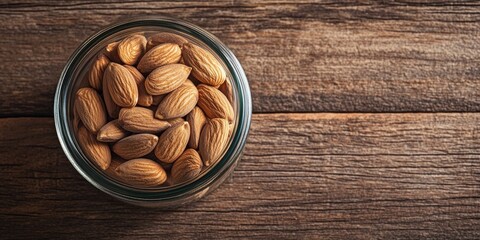 Poster - Almond seeds in a small glass jar and almonds on a wooden surface. Top view or overhead shot with copyspace, selective focus.
