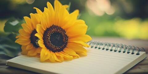 Leinwandbilder - Yellow sunflowers on a notepad background, with selective focus and toning.