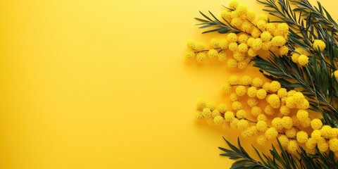Poster - Creative greeting card for Mother's Day, Spring, or Easter holiday. Mimosa branch on a white-yellow background with copyspace, flat lay.