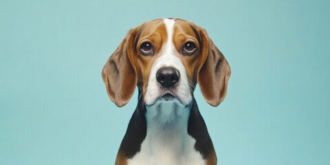 Poster - Studio portrait of a beagle set against a light blue background.