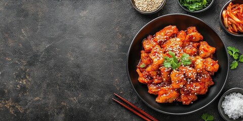 Aufkleber - Fried pork accompanied by kimchi. Korean cuisine style. Top view with copy space.