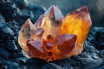 Canvas Print - A stunning cluster of glittering orange crystals rests on a dark surface, showcasing their sharp points and vibrant colors in a natural setting.