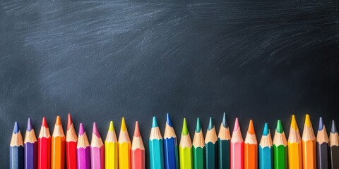 Poster - Group of Objects Close Up Concept Back to School Colorful Pencils Notebook Black Chalkboard Background Behind. Design Copyspace Educational Supplies
