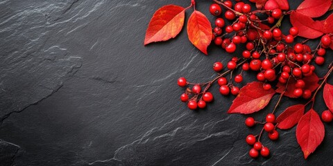 Aufkleber - Red viburnum and foliage on a black slate background with space for text.