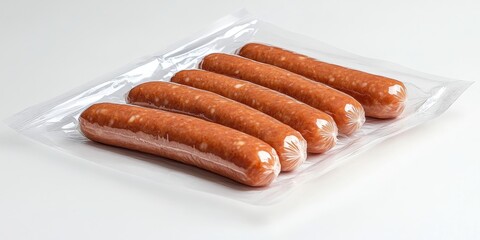 Poster - Sausages packaged in plastic on a white background.