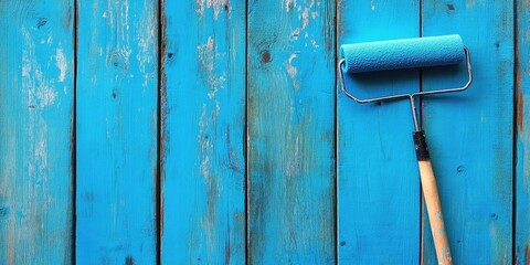 Wall Mural - Handyman with a paint roller next to blue-painted wooden planks.