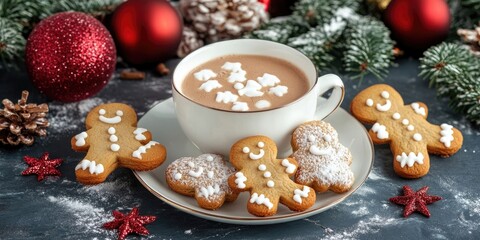Aufkleber - Cup of hot cocoa and homemade gingerbread bear cookies. Concept of Christmas and New Year holidays.