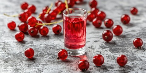 Poster - Red currant in a shot glass, with the rest spread out around it on a gray textured backdrop.