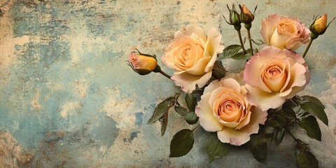 Aufkleber - textured aged paper backdrop featuring soft pink and yellow roses