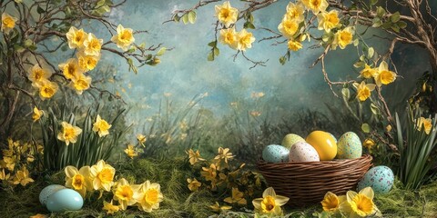 Aufkleber - Spring Easter backdrop featuring daffodils and Easter eggs in a basket.