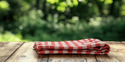 Aufkleber - Checkered red napkin on a wooden table with a green blurred background. Area for design.