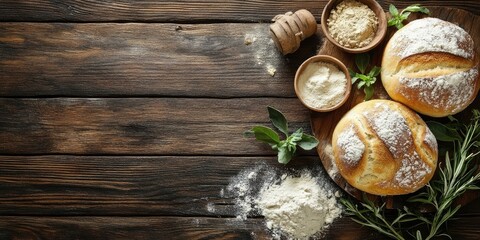 Poster - bread rolls and ingredients on a rustic wooden surface
