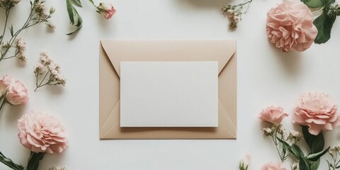 Poster - Envelope with a blank card and flowers on a light backdrop.