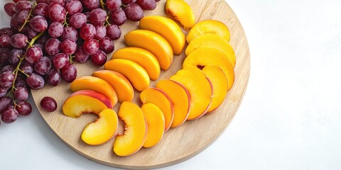 Poster - Slicing fruit on a round wooden board against a white background. Slices of peaches and grapes are arranged.