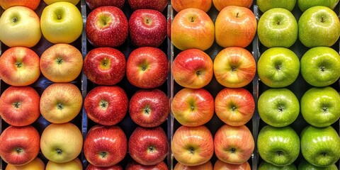 Poster - Collage made from four images of different ripe apple varieties: Granny Smith, Starking, Gala, and Golden apples arranged in rows at a grocery store for sale. Collage of four apple photos.