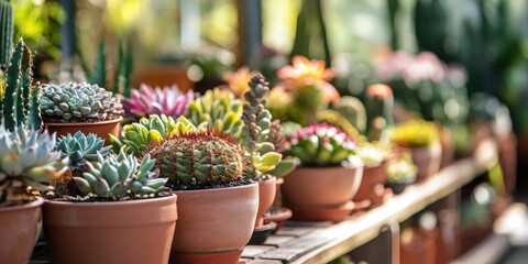 Aufkleber - Various beautiful potted plants in a greenhouse, with space for text.