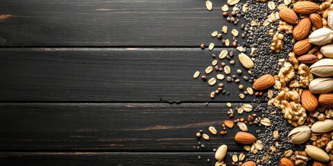 Poster - nuts and cereal seeds on a black wooden table background
