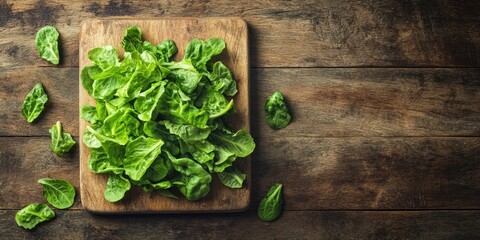 Poster - Fresh raw green lamb's lettuce and corn salad leaves on a wooden cutting board. Wooden background. Top view. Copyspace.