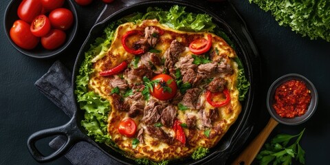 Aufkleber - Big Dutch Pancake with BBQ Meat and Vegetables - A classic Dutch lunch featuring greens, chicken, meat, peppers, and tomatoes.