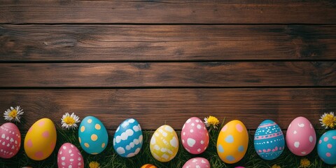 Aufkleber - Flat lay of colorful Easter eggs arranged on a wooden background. Easter-themed backdrop or concept. Happy Easter.