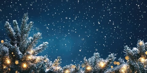 Poster - christmas tree lights above a snowy dark blue sky background.