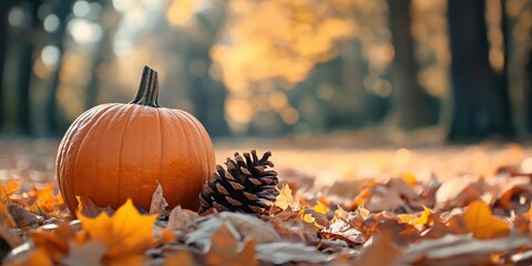 Aufkleber - Pumpkin, pine cone, and leaves in autumn. Selective focus. Featuring copyspace.