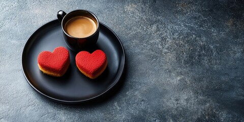 Poster - Coffee and two heart-shaped cakes on a black plate against a stone background for Valentine's Day, with copyspace for your text.