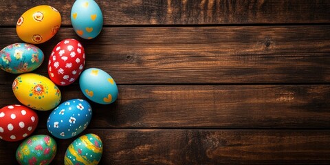 Aufkleber - Flat lay of colorful Easter eggs arranged on a wooden background. Easter-themed backdrop or concept. Happy Easter.