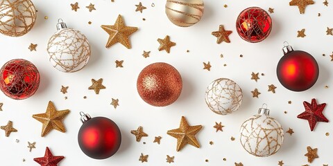 Poster - Detail of Christmas ornaments and stars on a white background.