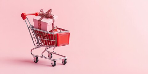 Leinwandbilder - Annual sale, Christmas shopping season idea - a small red shopping cart loaded with a gift box, isolated on a light pink background, copyspace, close-up.