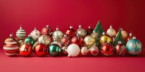 Leinwandbilder - Christmas arrangement of tree ornaments on a red background.