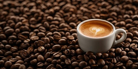 Aufkleber - A cup of hot espresso on a mound of roasted coffee beans with available space for design or text.